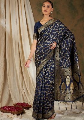 Navy Blue Motif Silk Saree Set
