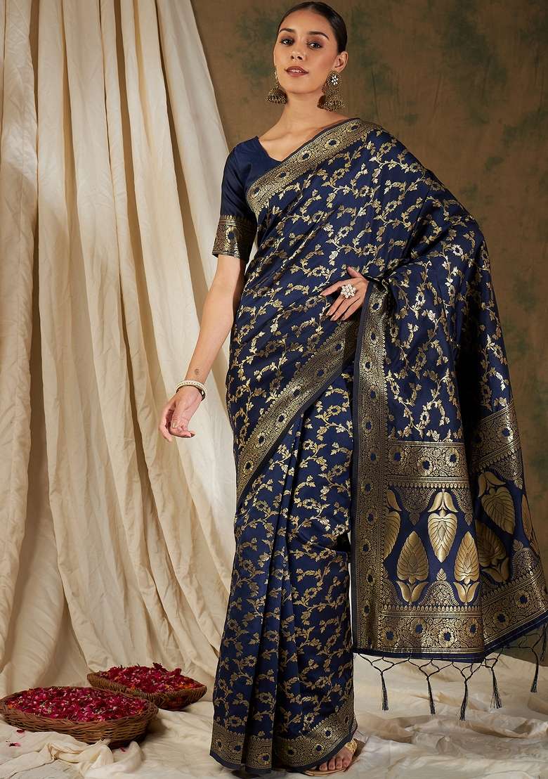 Navy Blue Motif Silk Blend Saree Set - Indya