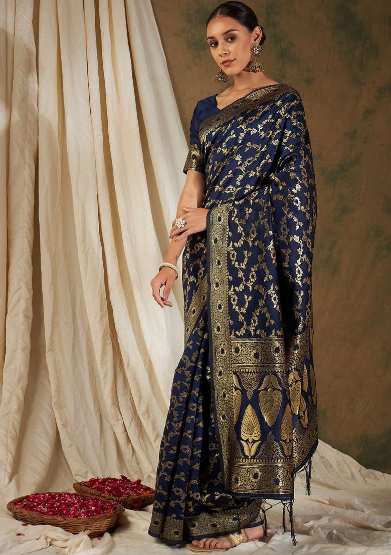 Navy Blue Motif Silk Blend Saree Set - Indya