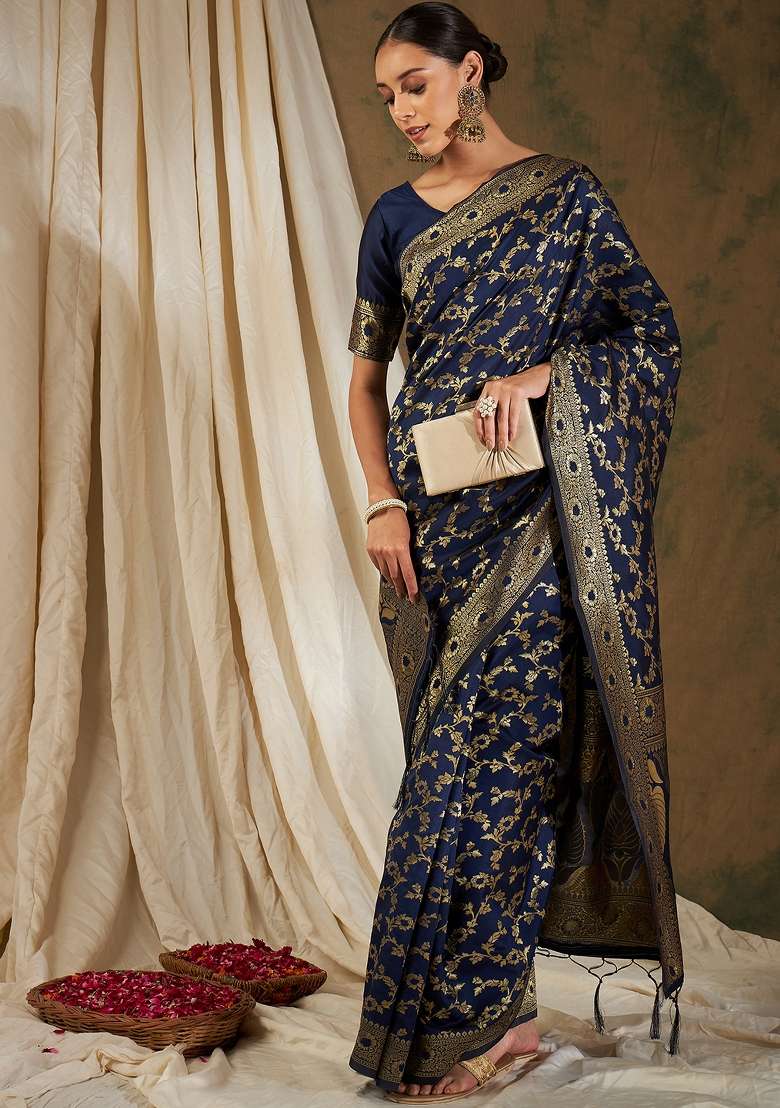 Navy Blue Motif Silk Blend Saree Set - Indya