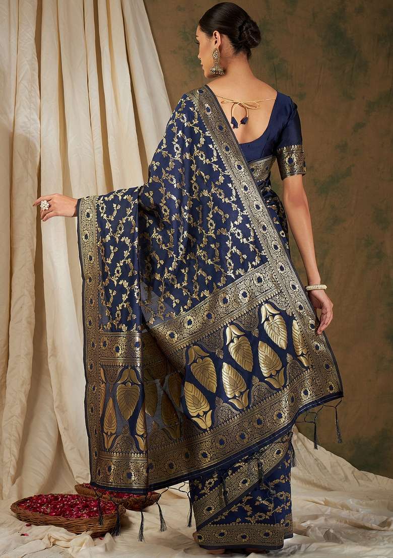 Navy Blue Motif Silk Blend Saree Set - Indya