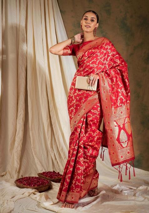 Peach Motif Silk Saree Set