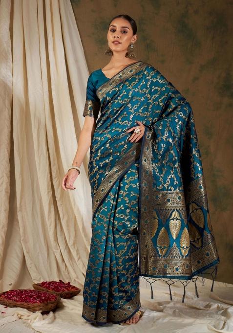 Sky Blue Motif Silk Saree Set
