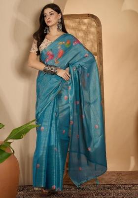 Teal Printed Silk Saree Set