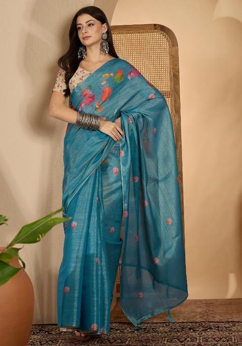Teal Printed Silk Saree Set