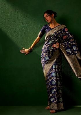 Navy Blue Motif Silk Saree Set