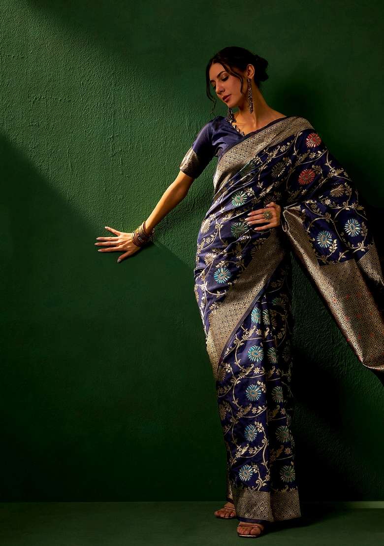 Navy Blue Motif Silk Blend Saree Set - Indya