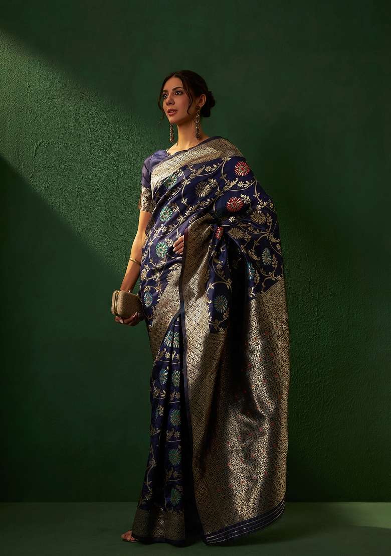 Navy Blue Motif Silk Blend Saree Set - Indya