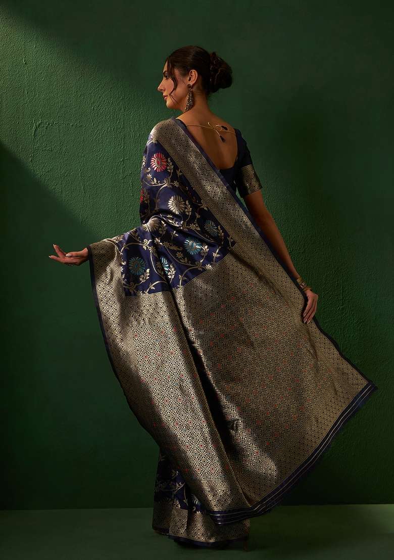 Navy Blue Motif Silk Blend Saree Set - Indya