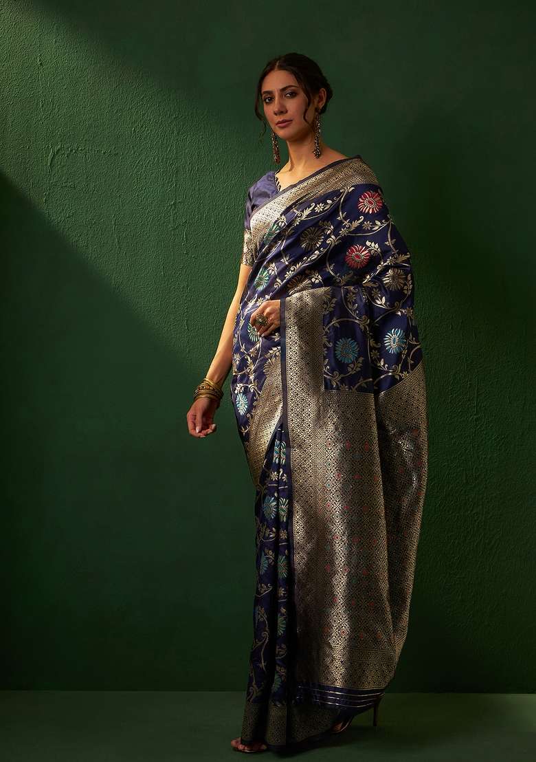 Navy Blue Motif Silk Blend Saree Set - Indya