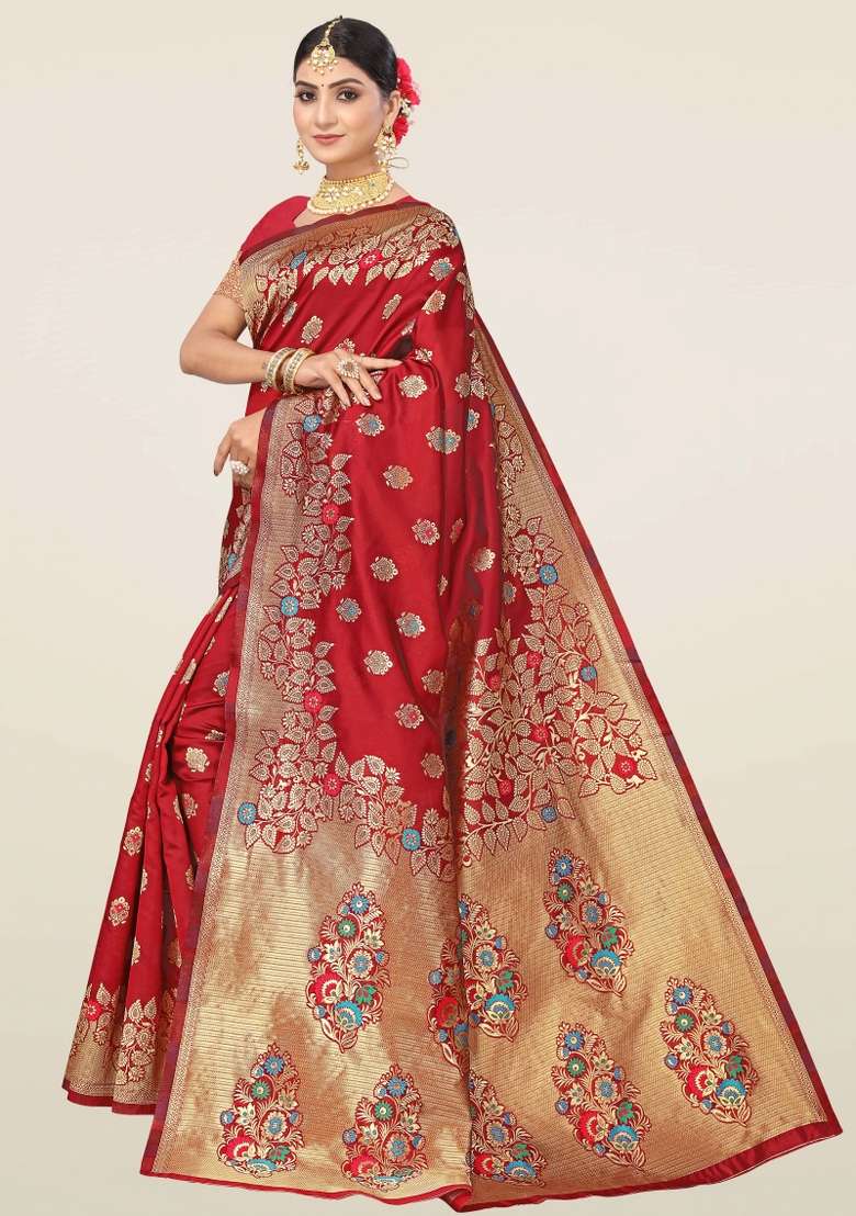 Maroon Motif Silk Blend Saree Set - Indya