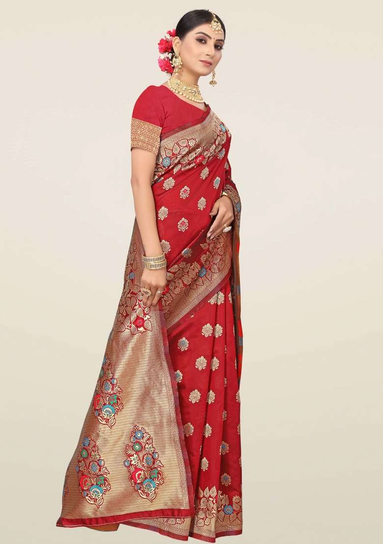 Maroon Motif Silk Blend Saree Set - Indya