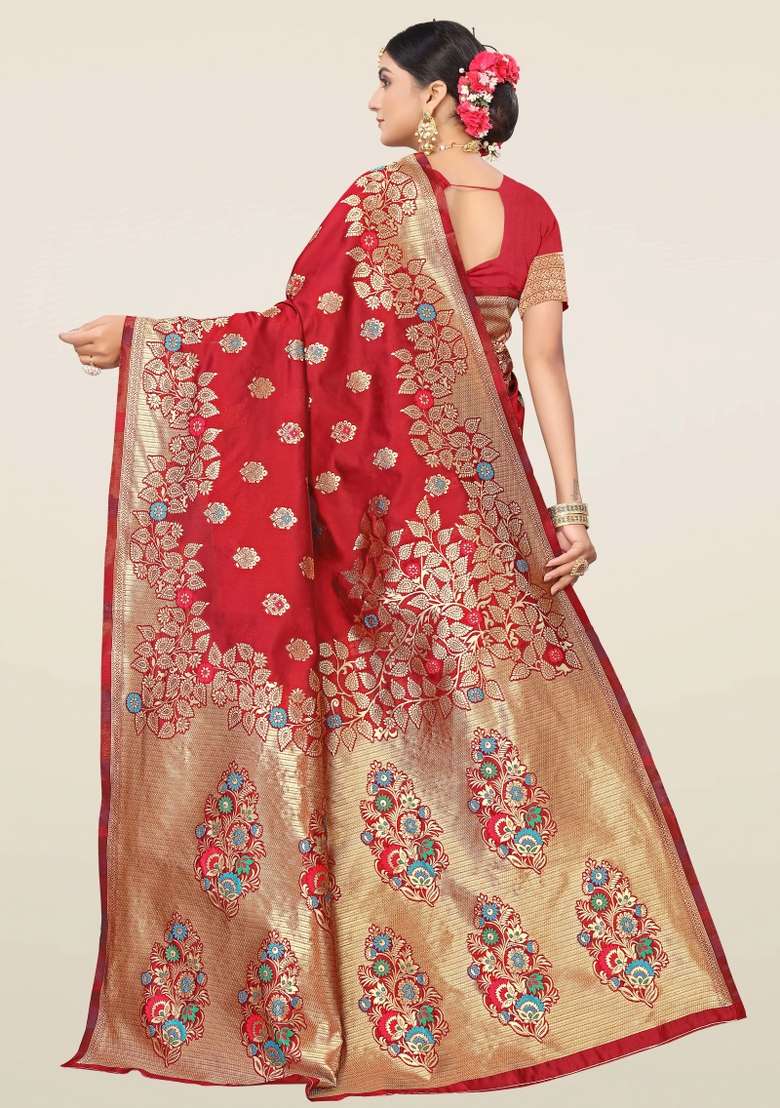 Maroon Motif Silk Blend Saree Set - Indya