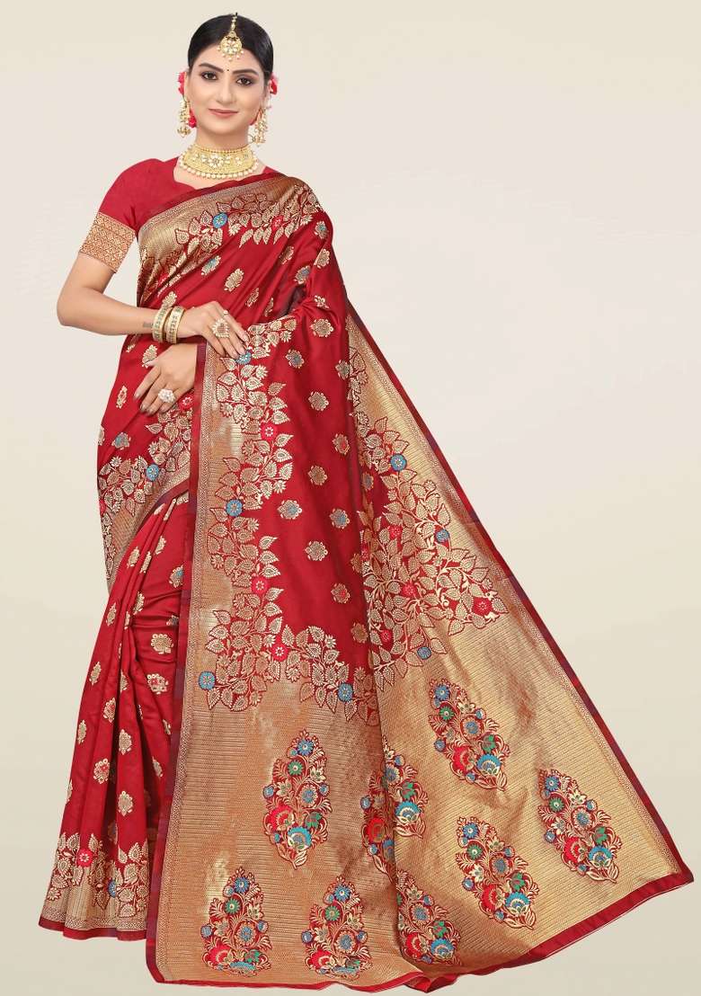 Maroon Motif Silk Blend Saree Set - Indya