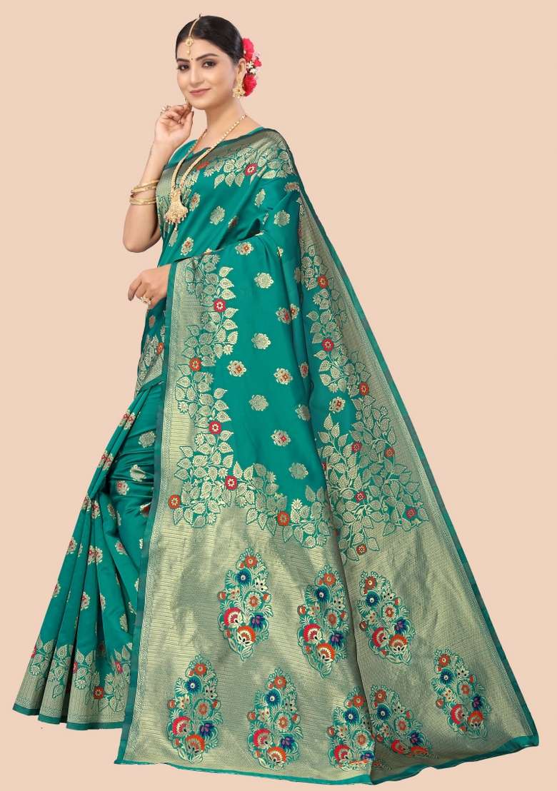 Green Motif Silk Blend Saree Set - Indya