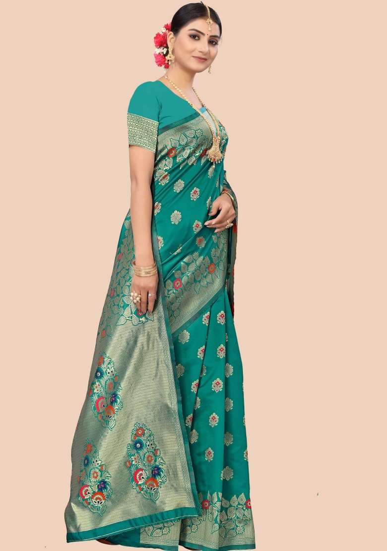 Green Motif Silk Blend Saree Set - Indya