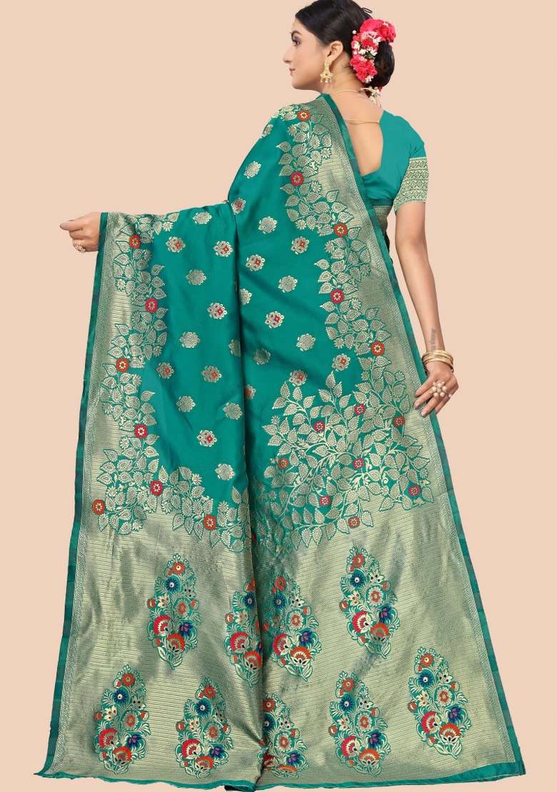 Green Motif Silk Blend Saree Set - Indya