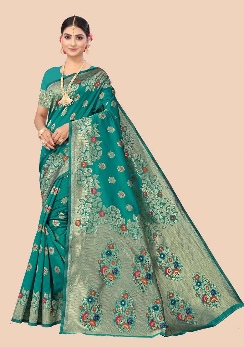 Green Motif Silk Blend Saree Set - Indya