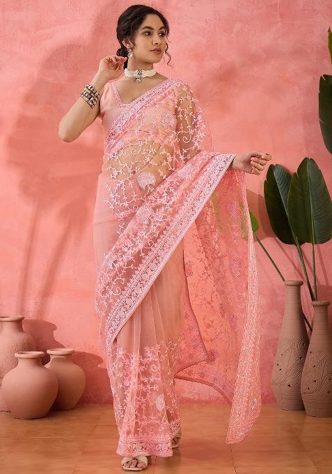 Pink Embroidered Net Saree Set