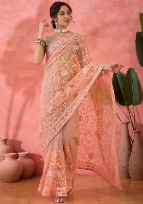 Peach Embroidered Net Saree Set