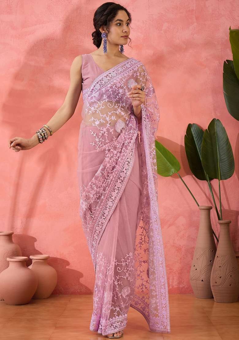 Lavender Embroidered Net Saree Set - Indya
