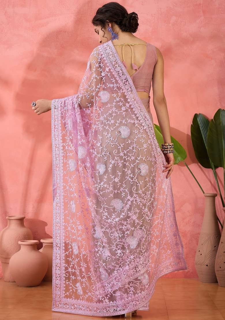 Lavender Embroidered Net Saree Set - Indya