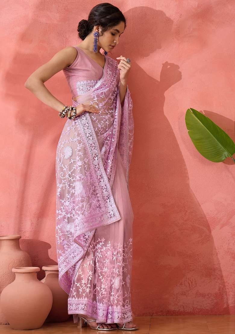 Lavender Embroidered Net Saree Set - Indya