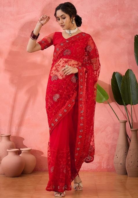 Red Embroidered Net Saree Set