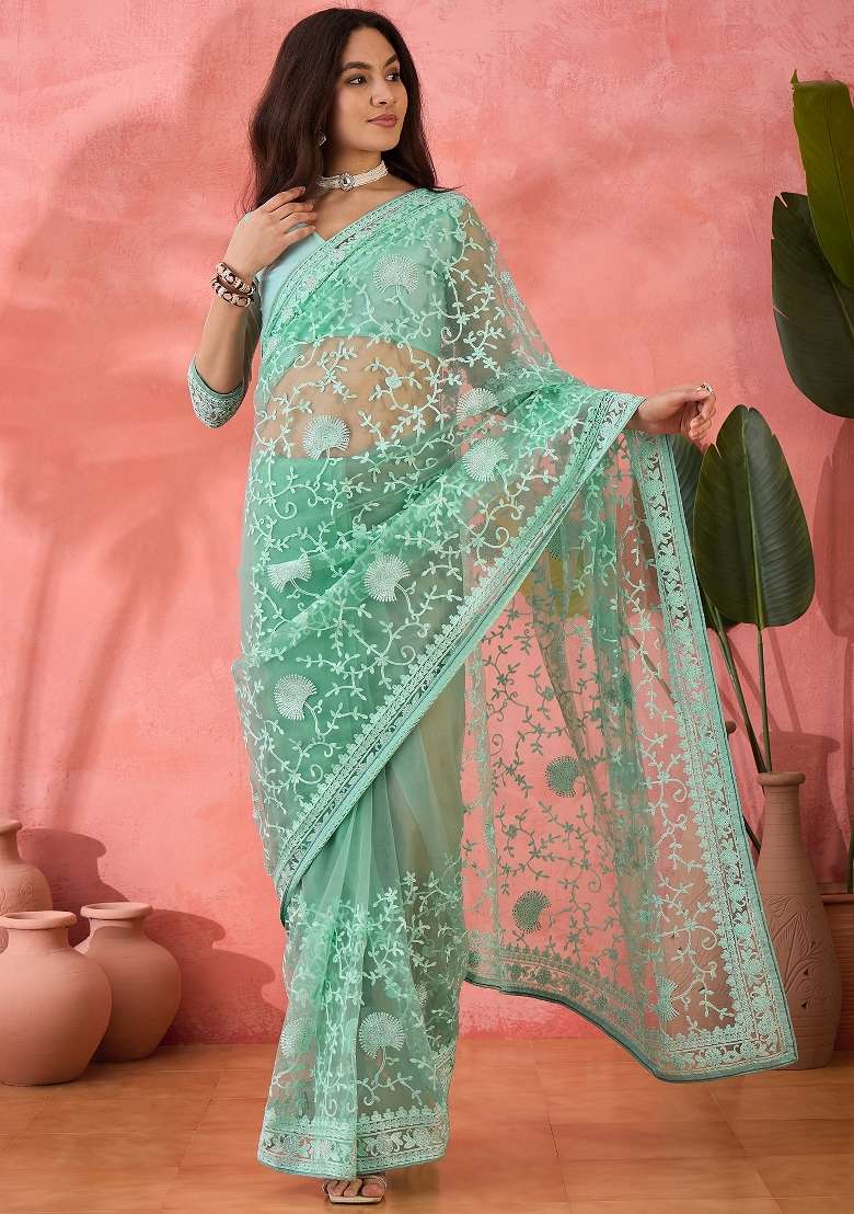 Sea Green Embroidered Net Saree Set - Indya
