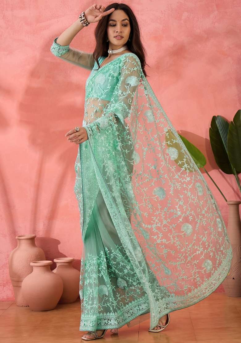 Sea Green Embroidered Net Saree Set - Indya