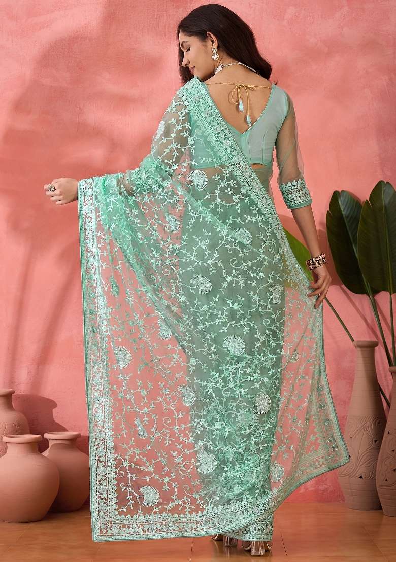 Sea Green Embroidered Net Saree Set - Indya