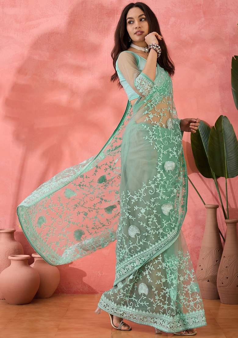 Sea Green Embroidered Net Saree Set - Indya