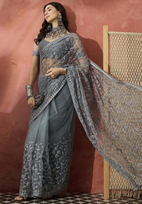 Light Grey Embroidered Net Saree Set