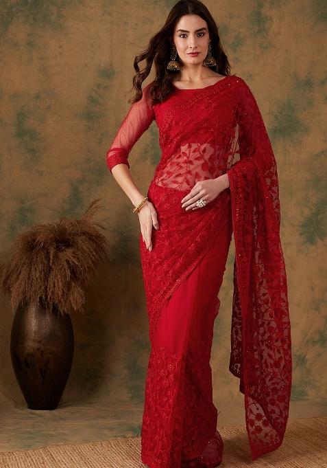 Red Embroidered Net Saree Set