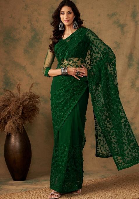 Olive Embroidered Net Saree Set