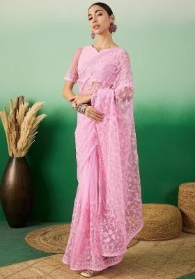 Baby Pink Embroidered Net Saree Set