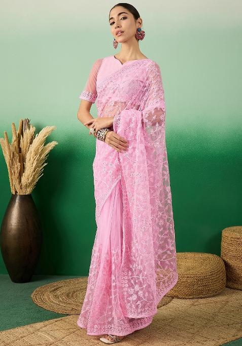 Baby Pink Embroidered Net Saree Set