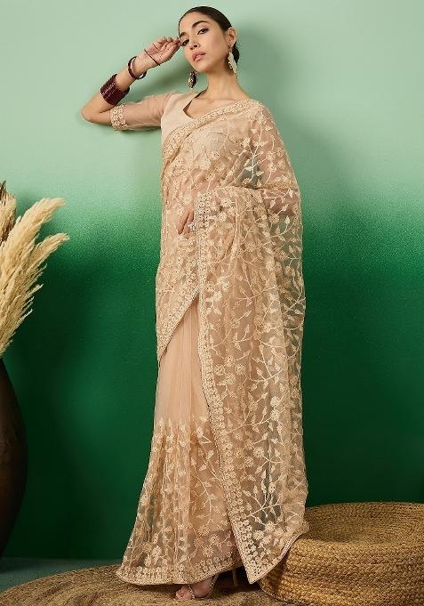 Beige Embroidered Net Saree Set