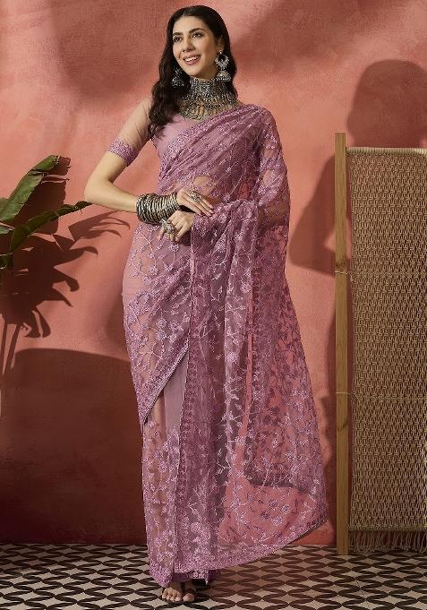 Lavender Embroidered Net Saree Set
