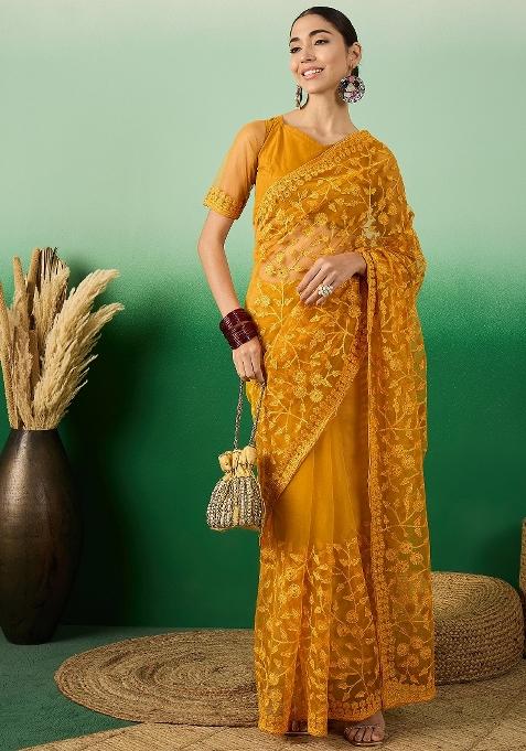 Mustard Yellow Embroidered Net Saree Set