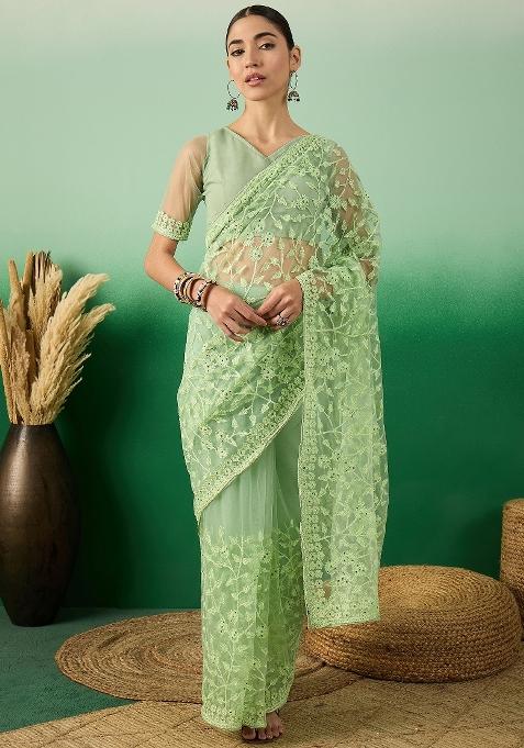 Pista Embroidered Net Saree Set