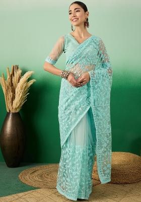 Sea Green Embroidered Net Saree Set