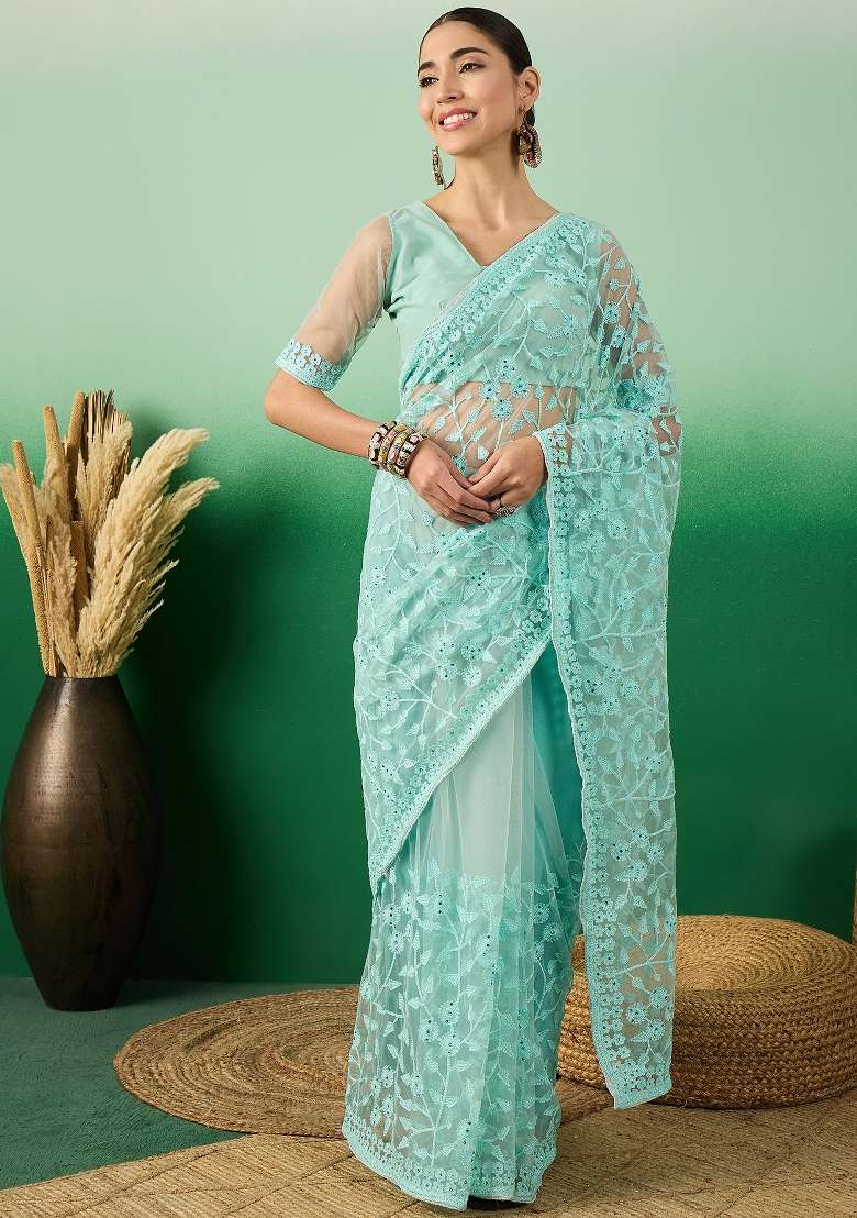 Sea Green Embroidered Net Saree Set - Indya