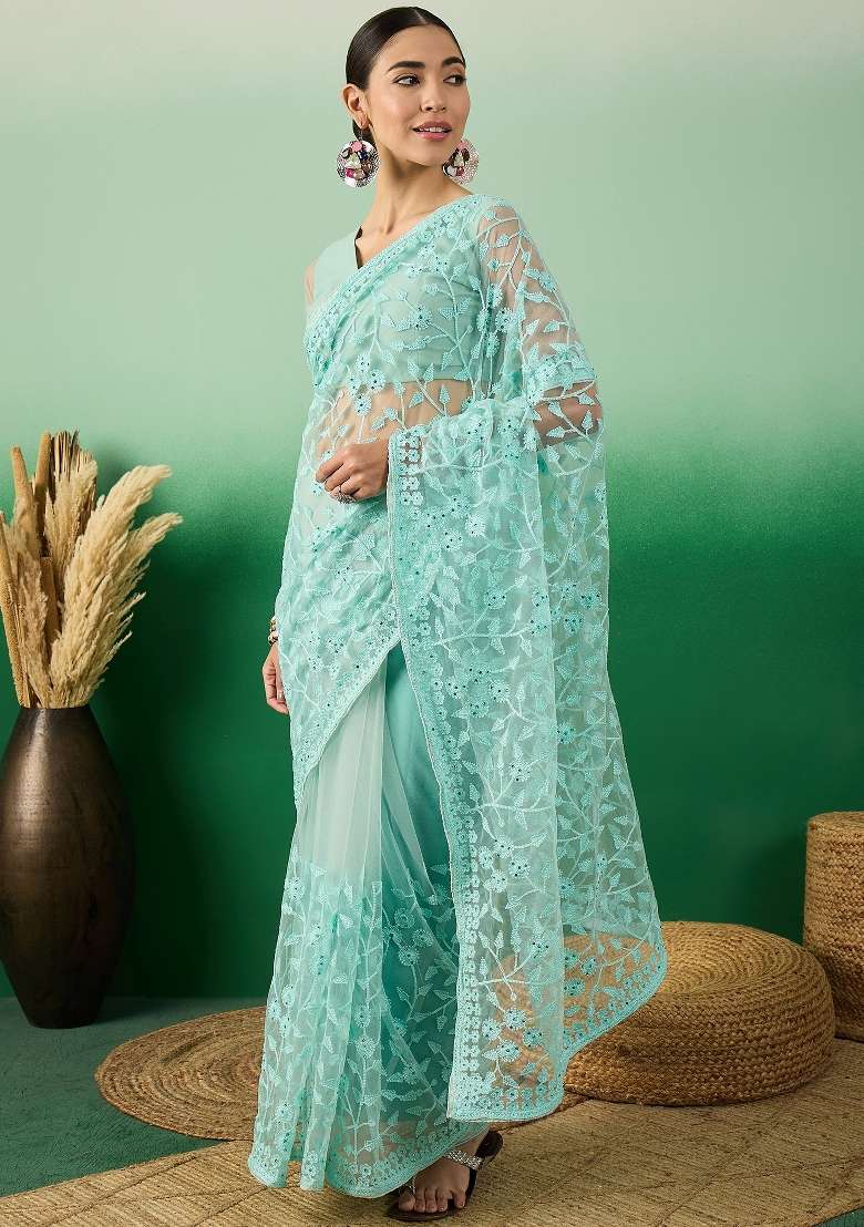 Sea Green Embroidered Net Saree Set - Indya