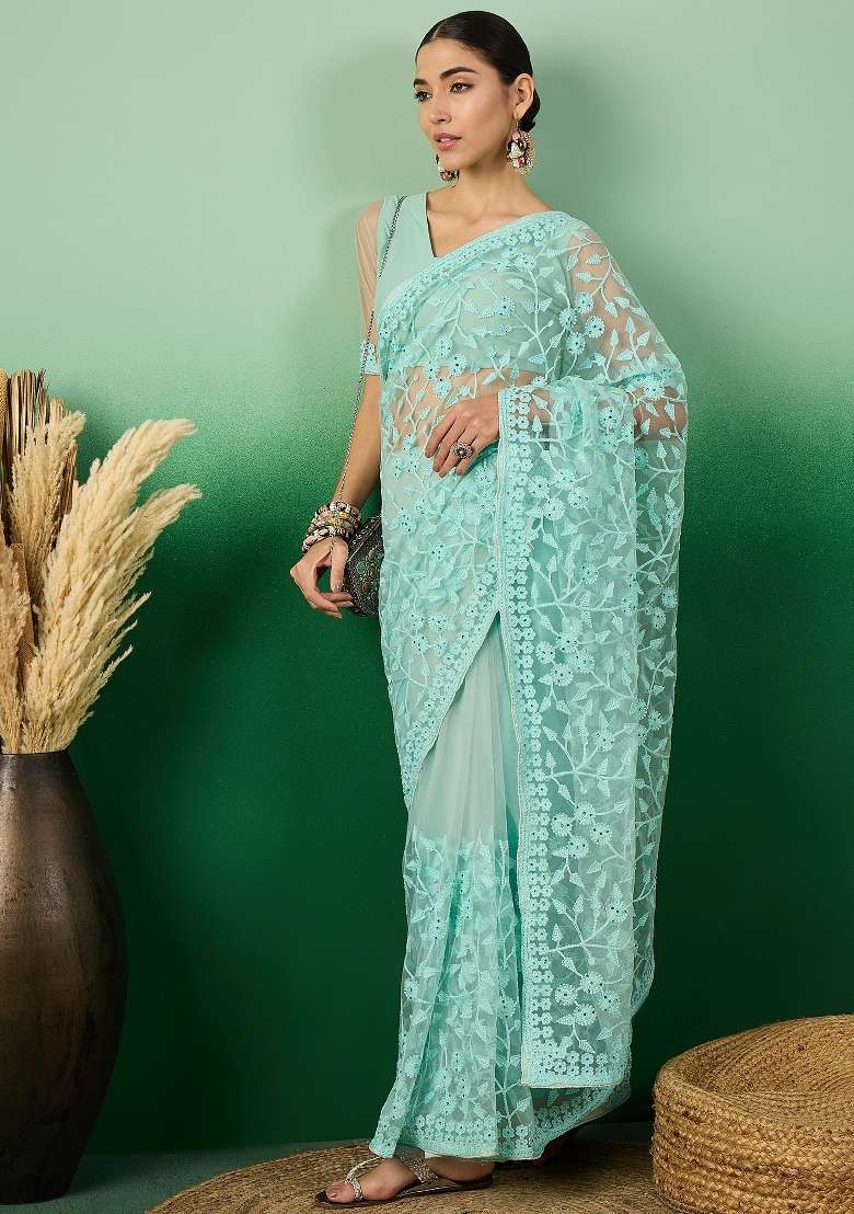 Sea Green Embroidered Net Saree Set - Indya