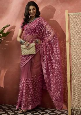 Pink Embroidered Net Saree Set