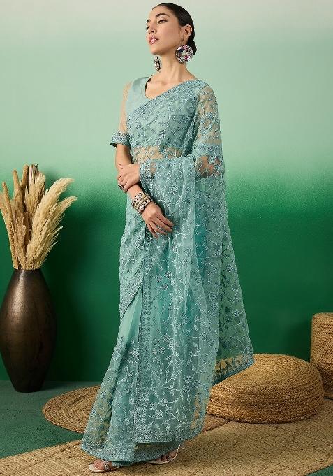 Teal Embroidered Net Saree Set