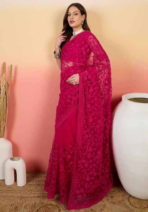 Rani Pink Embroidered Net Saree Set