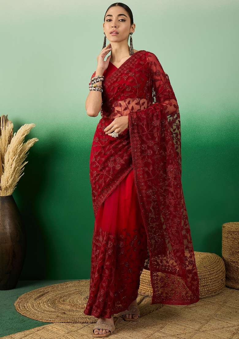 Maroon Embroidered Net Saree Set - Indya
