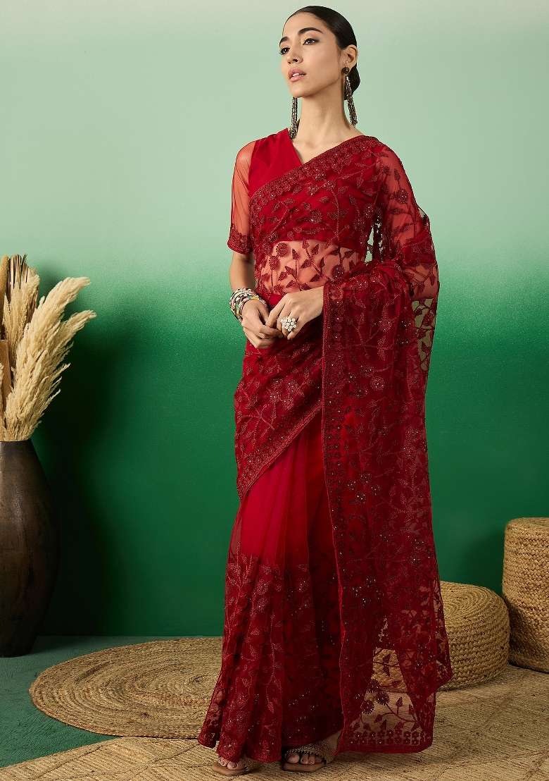 Maroon Embroidered Net Saree Set - Indya